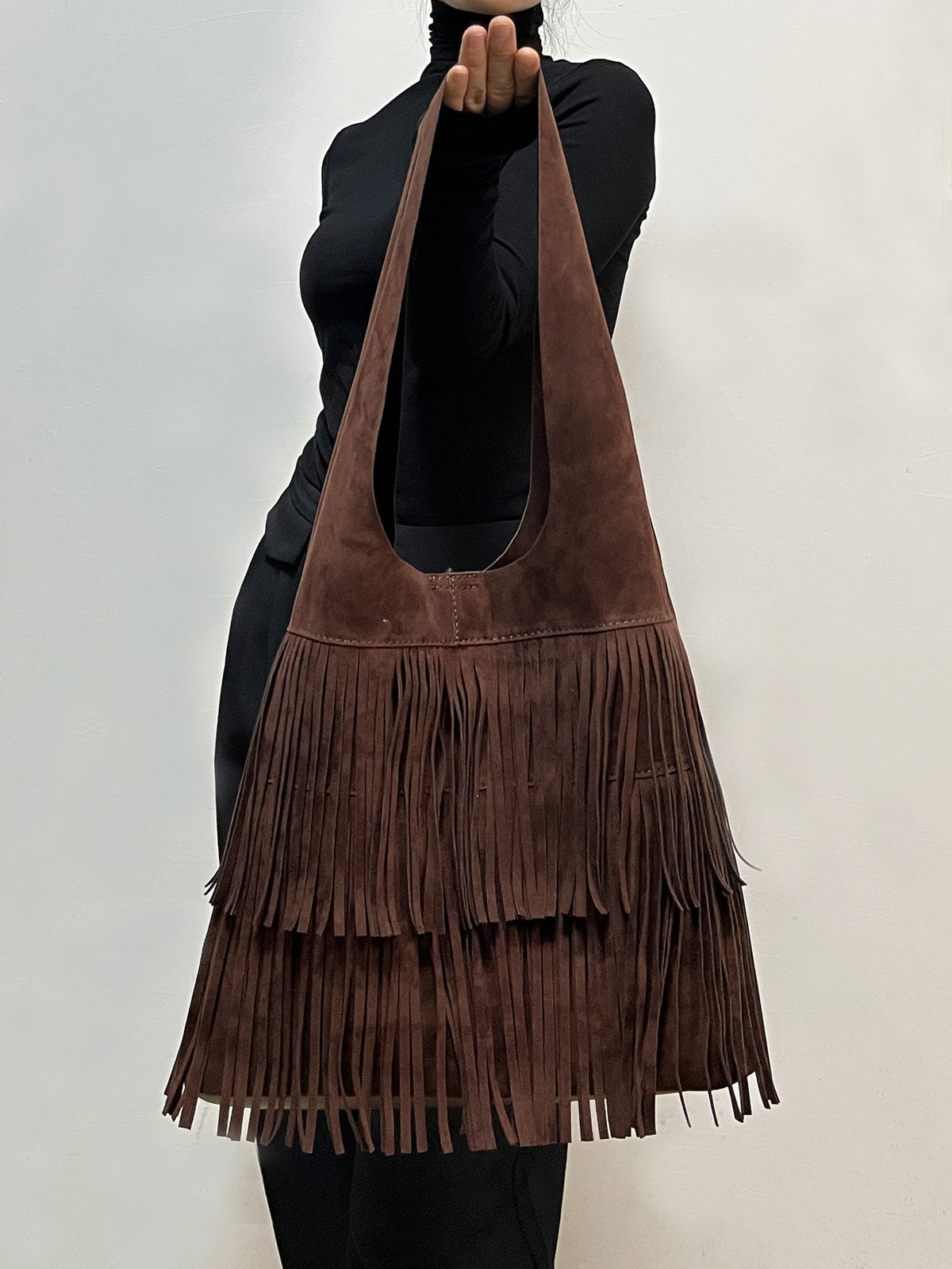Bolsa Grande Retro de Gamuza con Flecos
