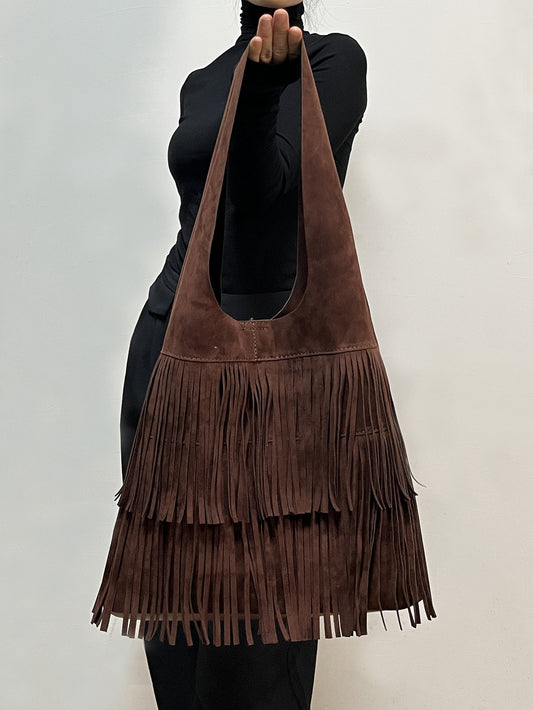 Bolsa Grande Retro de Gamuza con Flecos