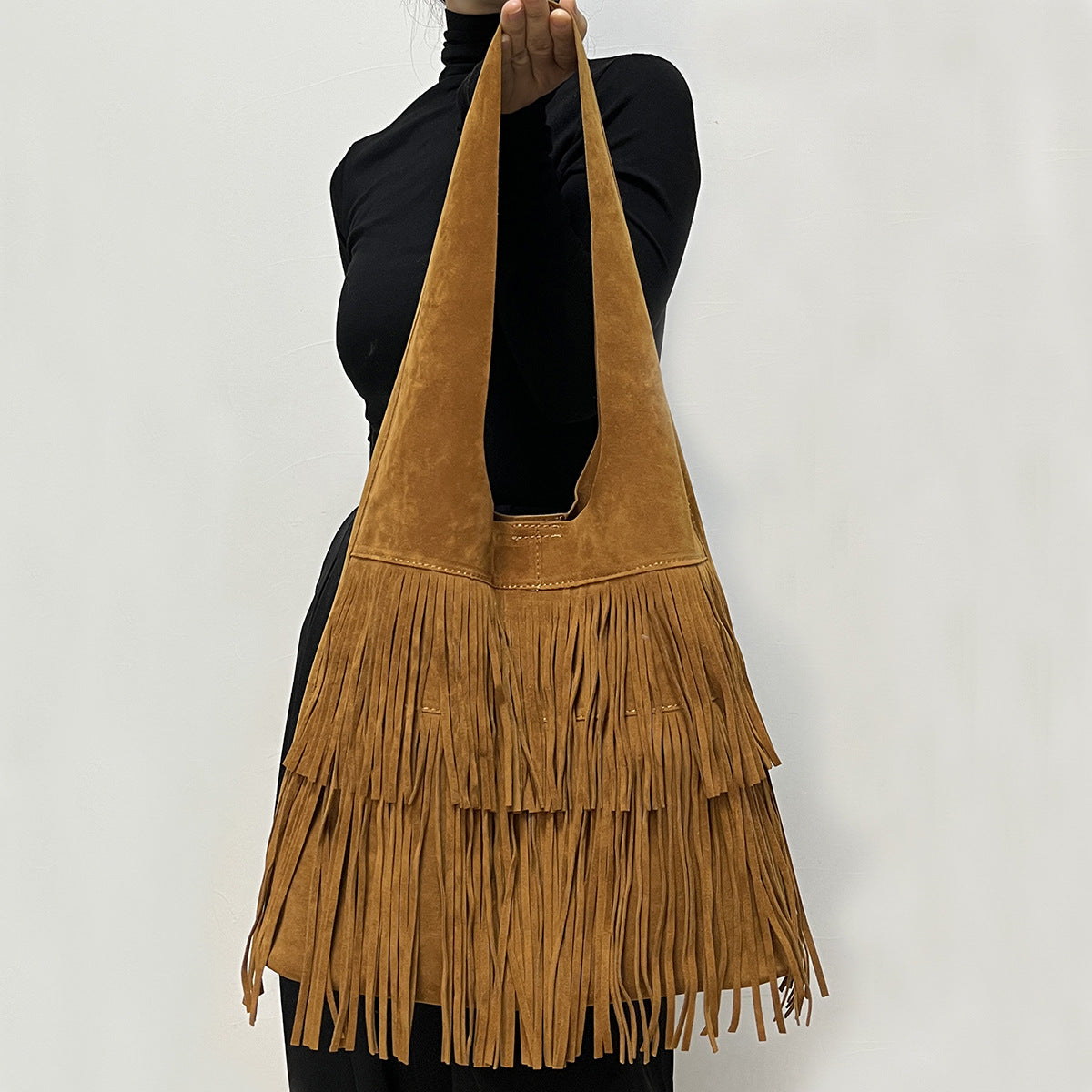 Bolsa Grande Retro de Gamuza con Flecos