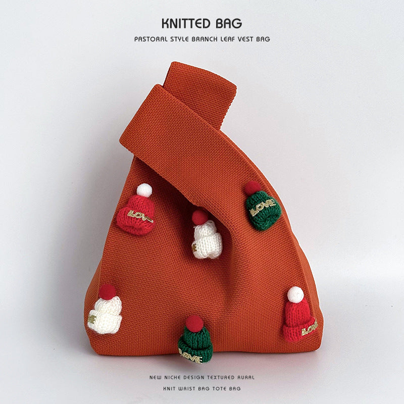 Bolsa Tejida a Mano con Diseño de Gorro Navideño