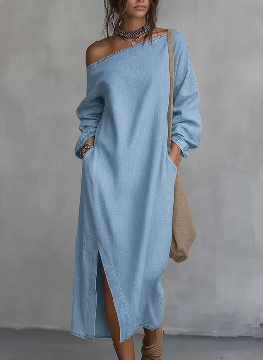 Alenya | Vestido Midi de Mezclilla con Hombros Descubiertos