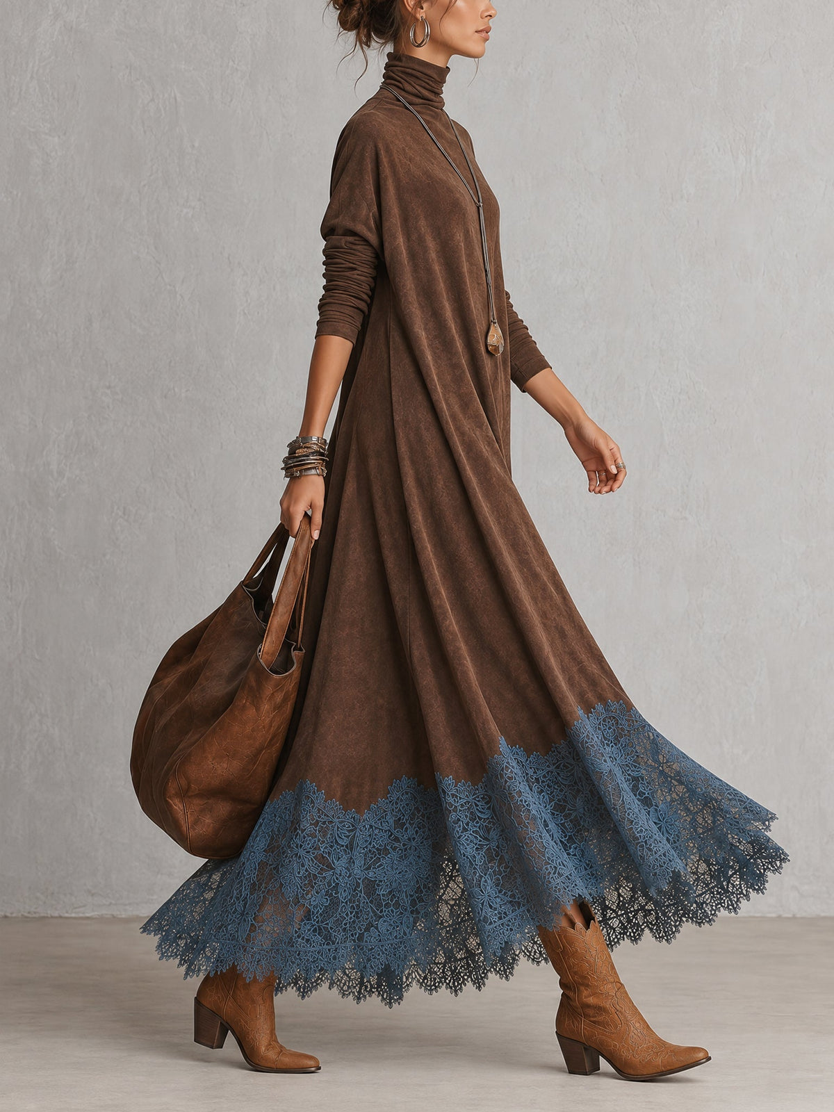PIERA | Vestido Largo Efecto Gamuza con Holán de Encaje
