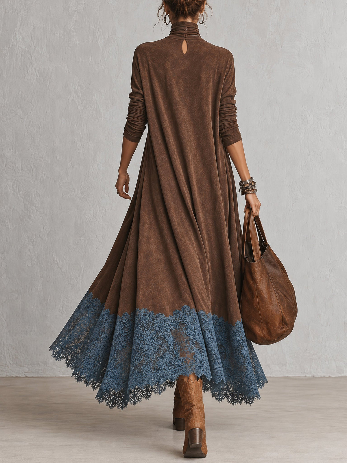 PIERA | Vestido Largo Efecto Gamuza con Holán de Encaje