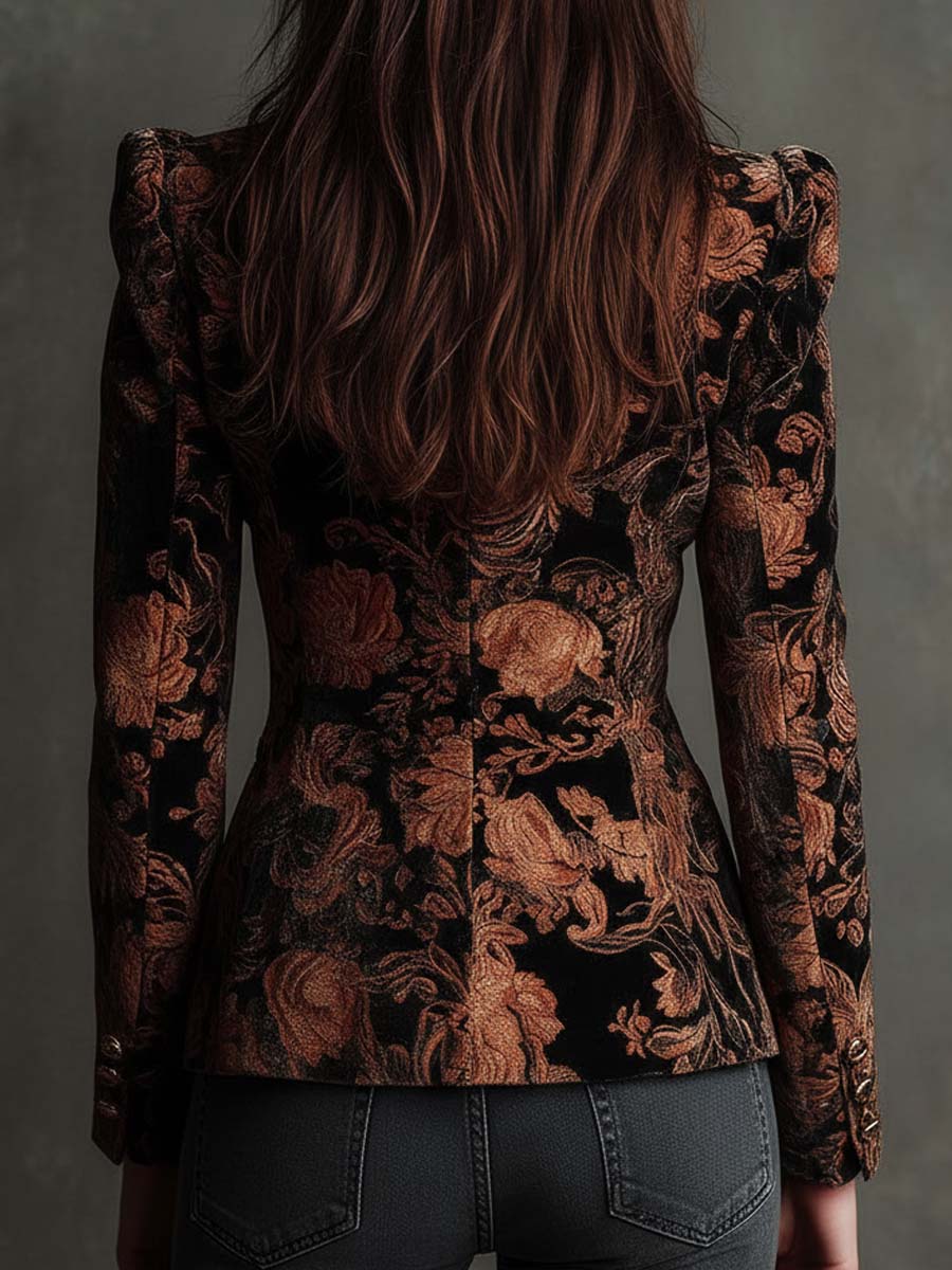 Paloma | Blazer Estilo Sastre Estampado Floral Negro y Bronce