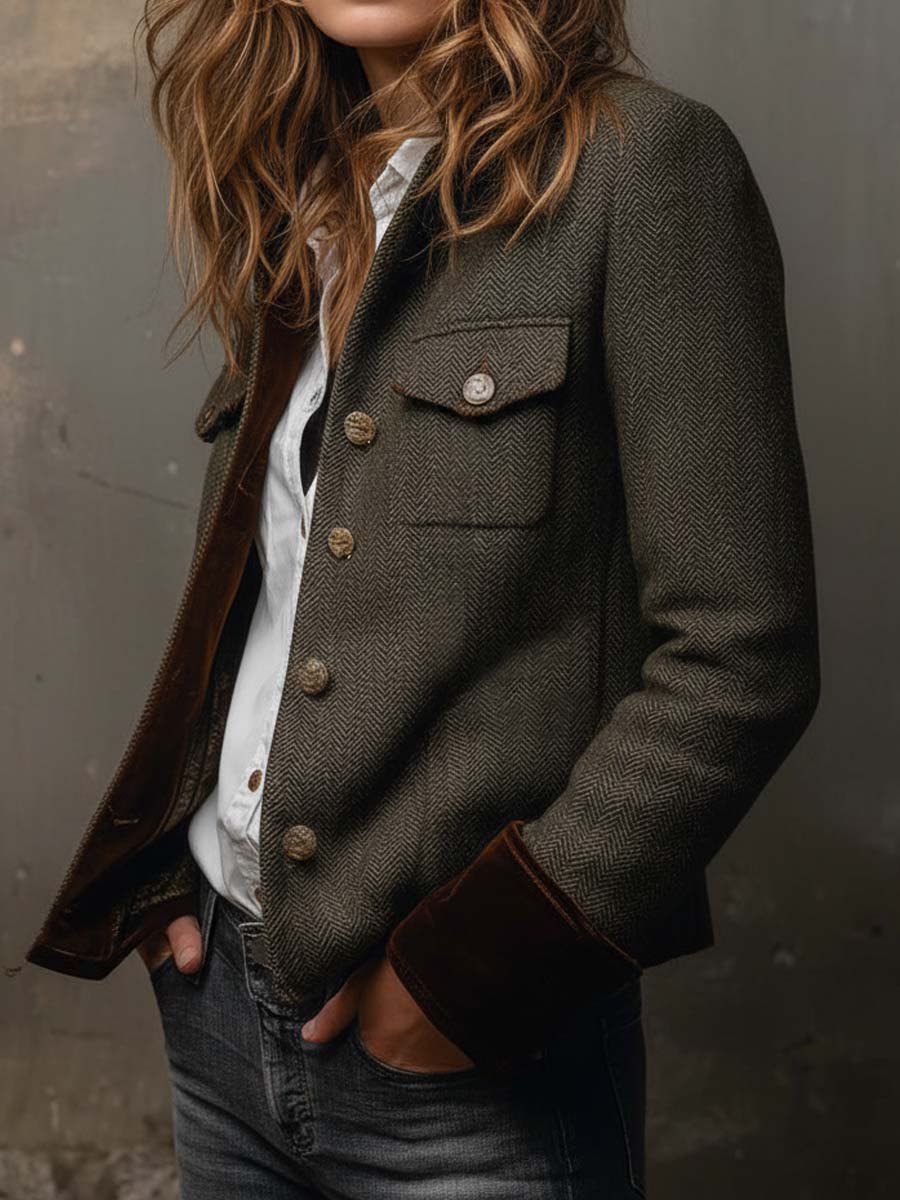 Dolores - Blazer en Espiga con Ribete en Contraste