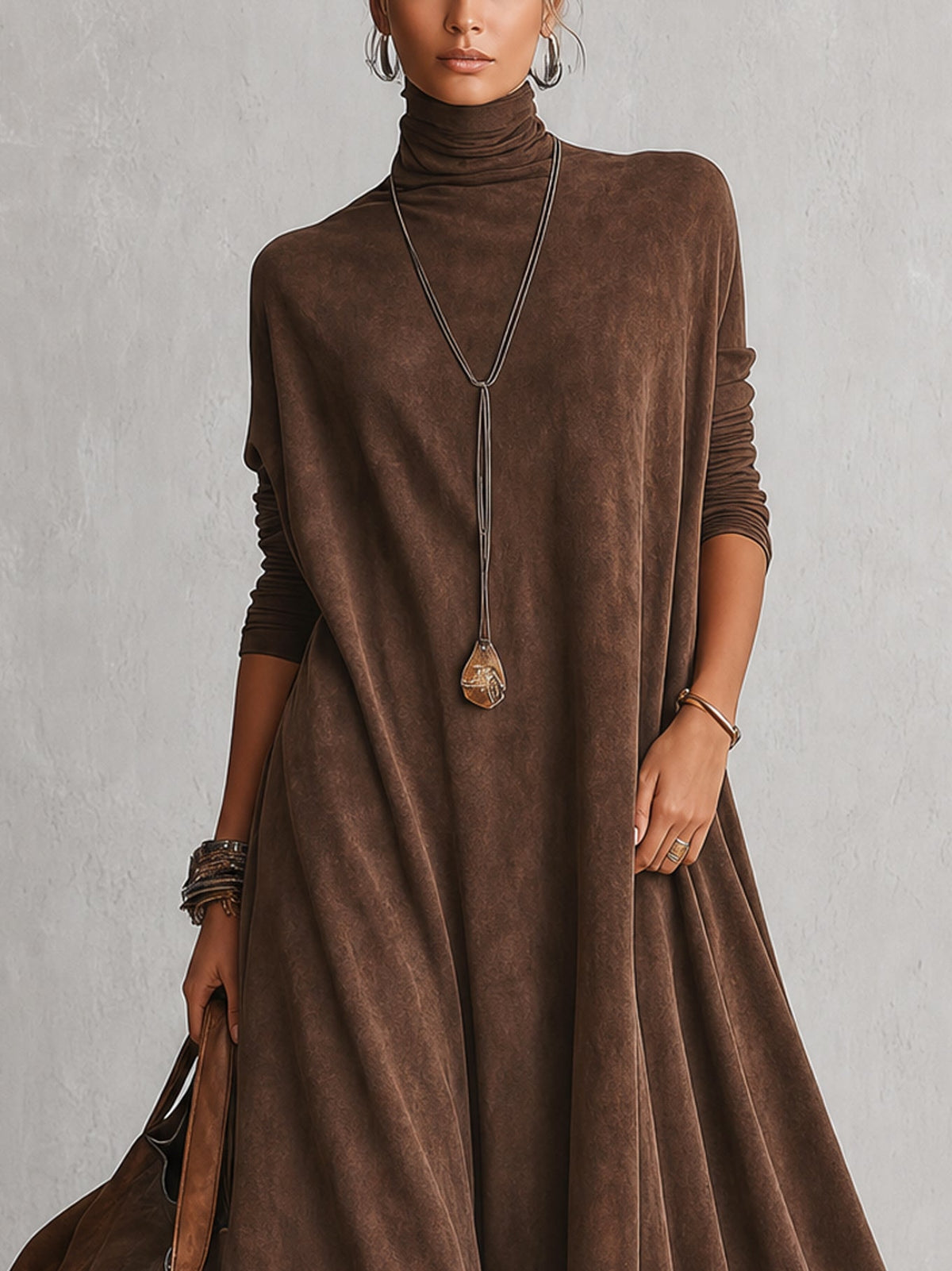 PIERA | Vestido Largo Efecto Gamuza con Holán de Encaje