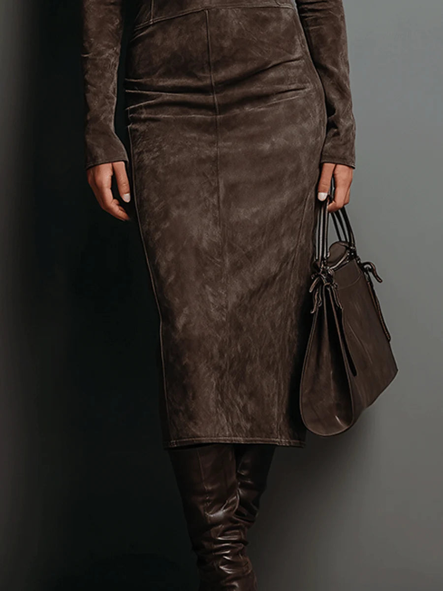 Lorène | Vestido midi café de efecto gamuza