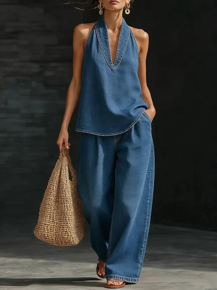 Celine | Conjunto de Top Halter y Jeans de Mezclilla