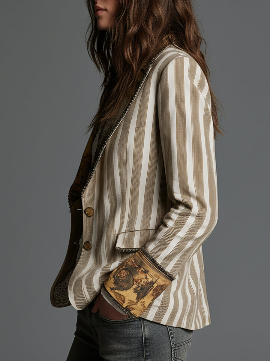 Alejandra | Blazer Bohemio de Rayas con Cuello Estampado