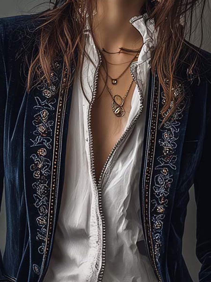 Ximena | Chamarra Larga Bordada Vintage Azul Marino