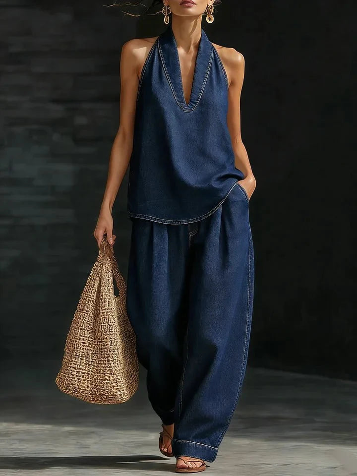 Celine | Conjunto de Top Halter y Jeans de Mezclilla