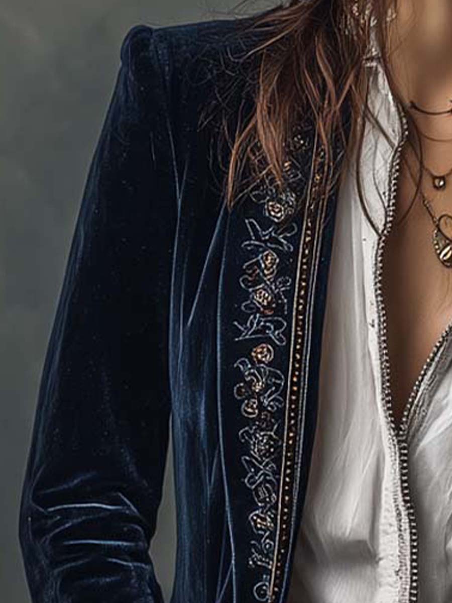 Ximena | Chamarra Larga Bordada Vintage Azul Marino