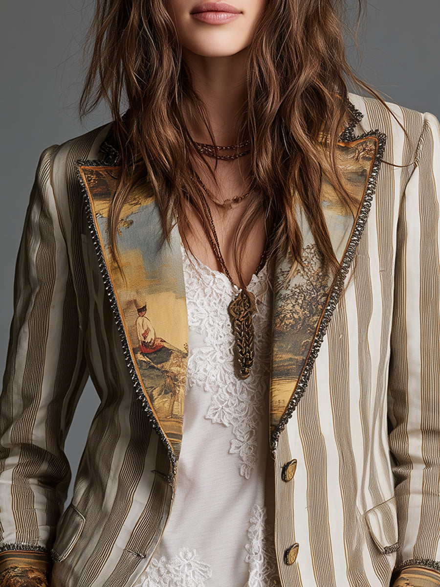 Alejandra | Blazer Bohemio de Rayas con Cuello Estampado