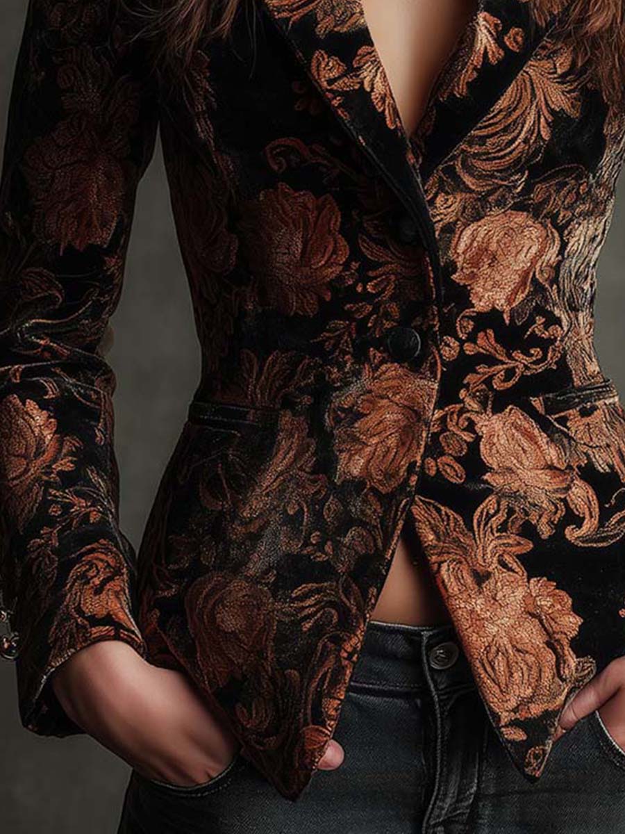 Paloma | Blazer Estilo Sastre Estampado Floral Negro y Bronce