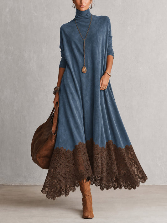PETRA | Vestido Largo Efecto Gamuza con Holán de Encaje