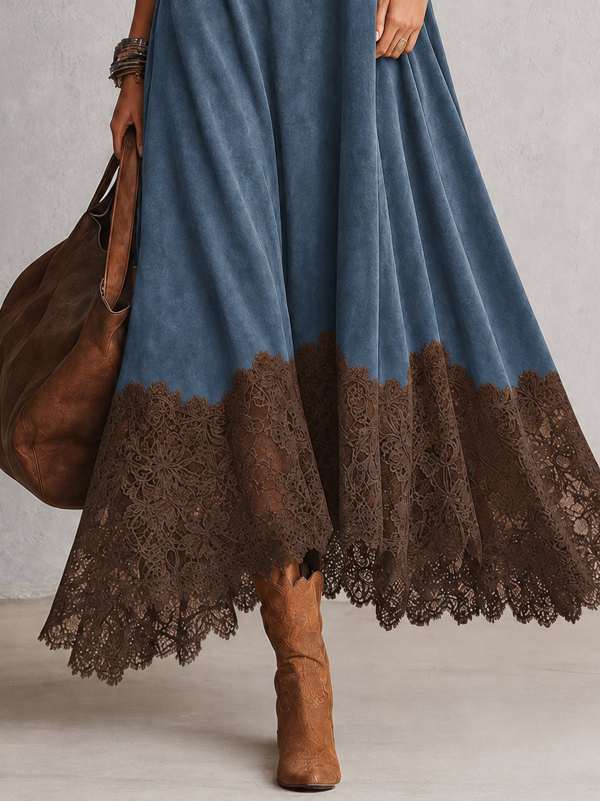 PETRA | Vestido Largo Efecto Gamuza con Holán de Encaje
