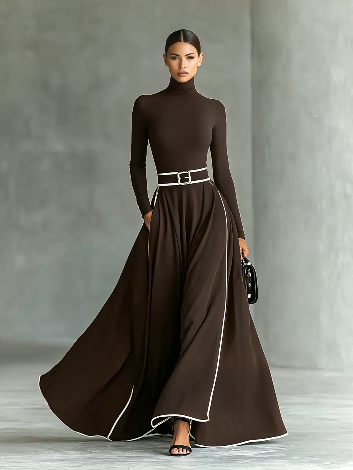Gina – Vestido Maxi Negro con Costuras Blancas, Cuello Alto y Manga Larga