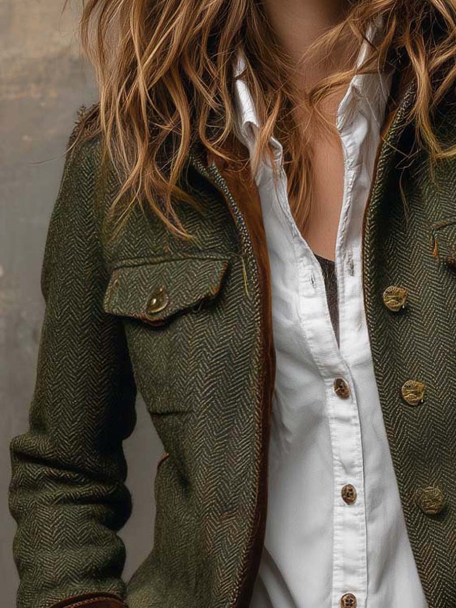 Dolores - Blazer en Espiga con Ribete en Contraste