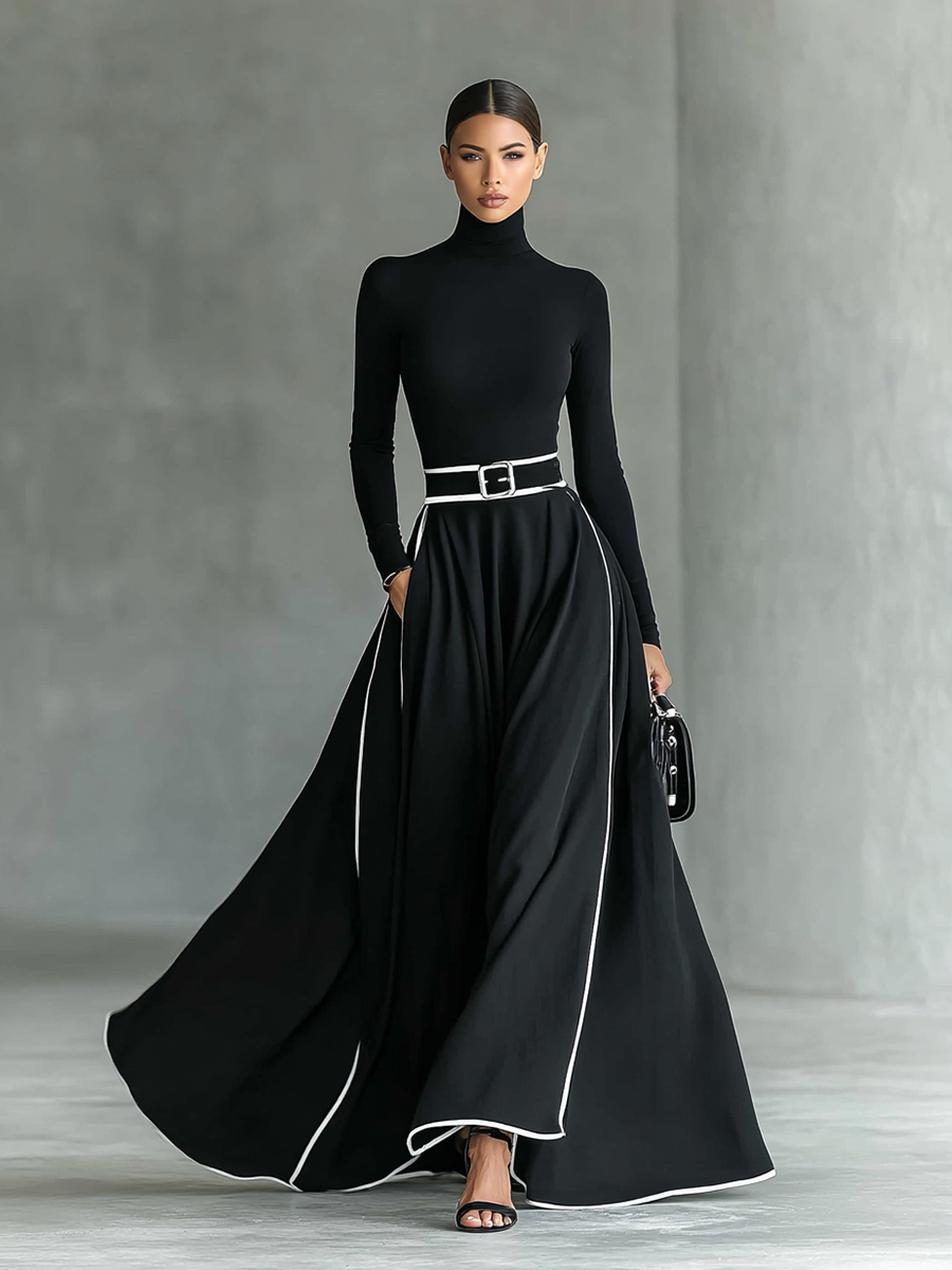 Gina – Vestido Maxi Negro con Costuras Blancas, Cuello Alto y Manga Larga