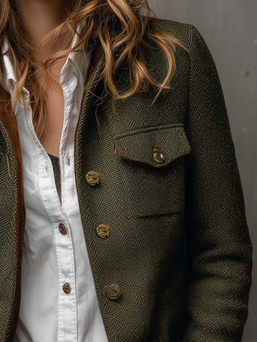 Itzel | Blazer Vintage Chevron con Bordes Contrastantes