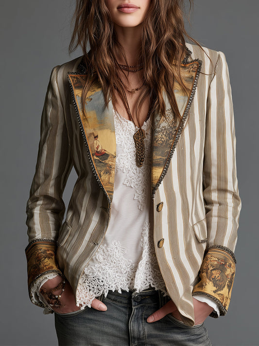 Alejandra | Blazer Bohemio de Rayas con Cuello Estampado