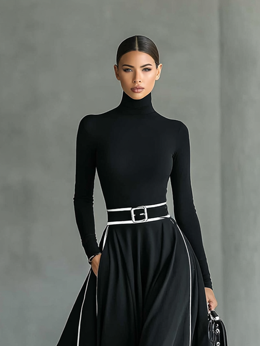 Gina – Vestido Maxi Negro con Costuras Blancas, Cuello Alto y Manga Larga