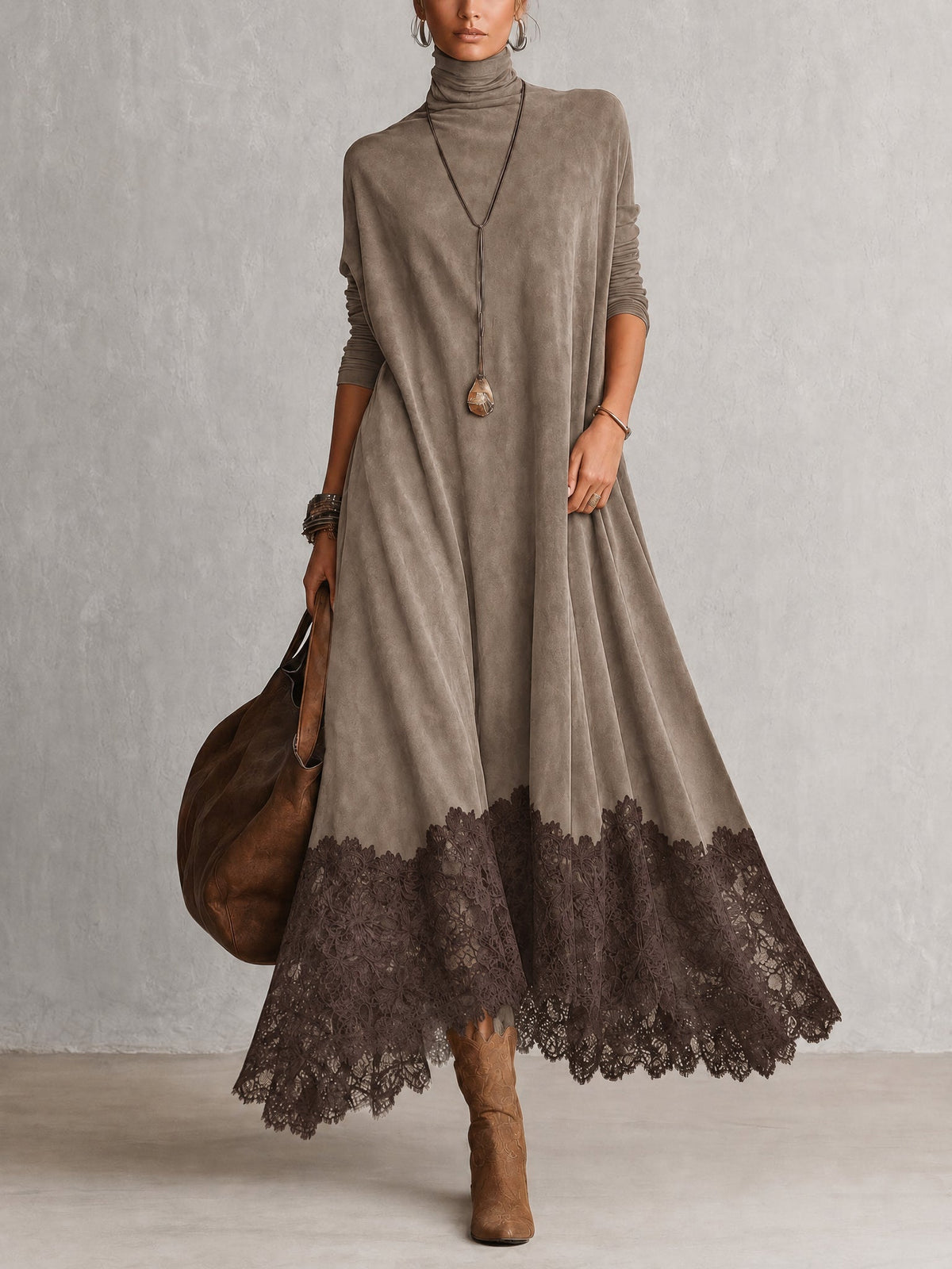 PORZIA | Vestido Largo Efecto Gamuza con Holán de Encaje
