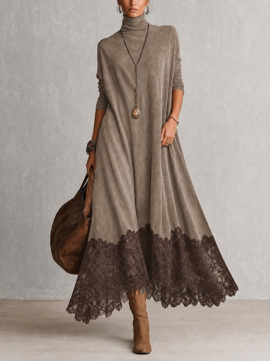 PORZIA | Vestido Largo Efecto Gamuza con Holán de Encaje