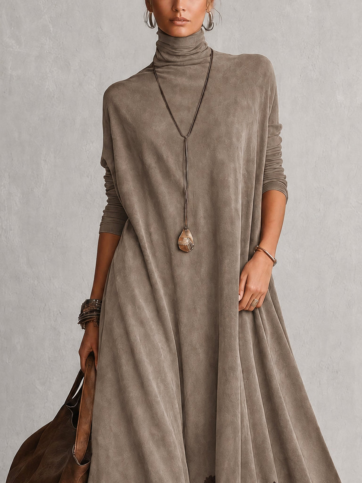 PORZIA | Vestido Largo Efecto Gamuza con Holán de Encaje