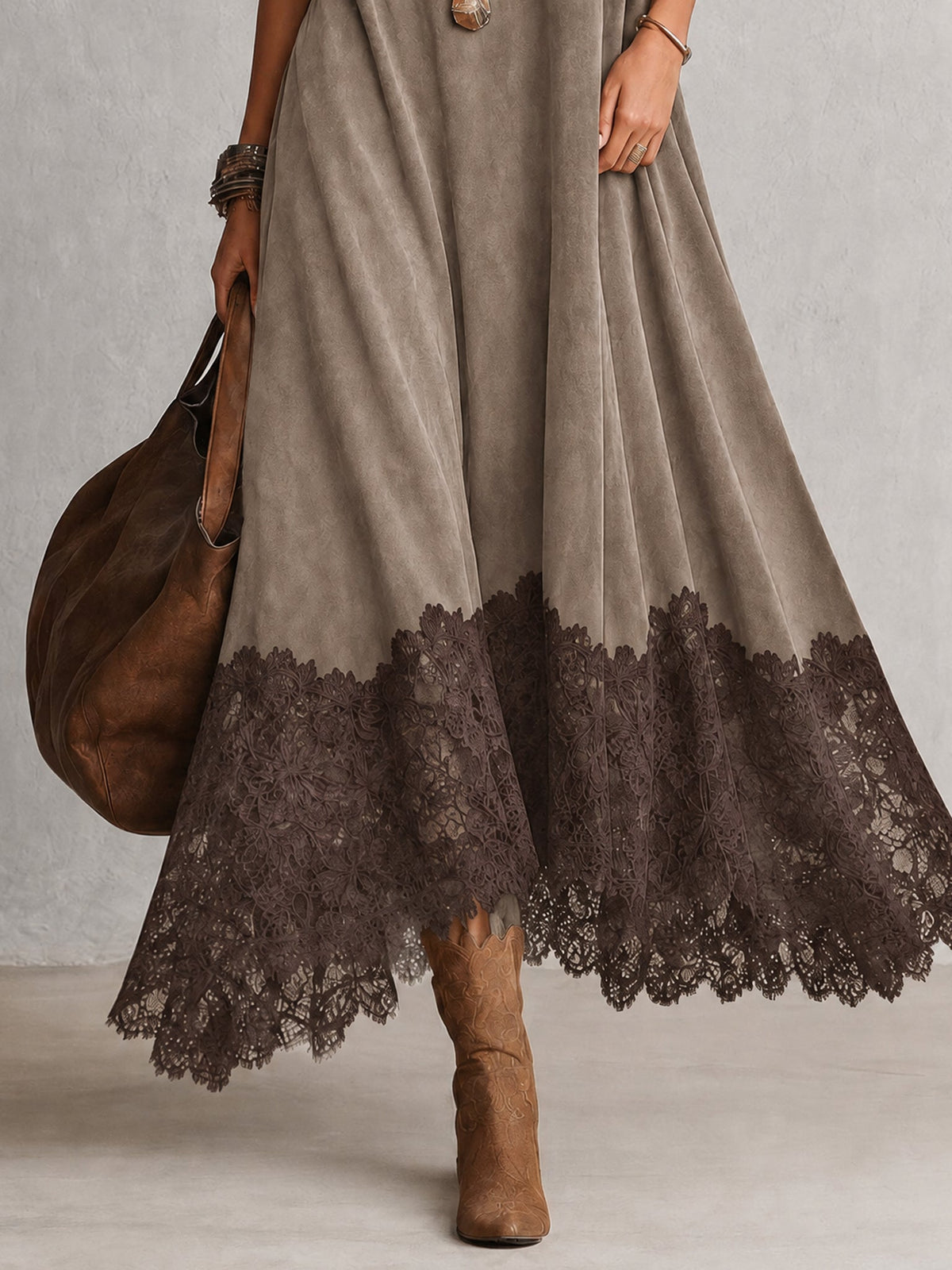 PORZIA | Vestido Largo Efecto Gamuza con Holán de Encaje