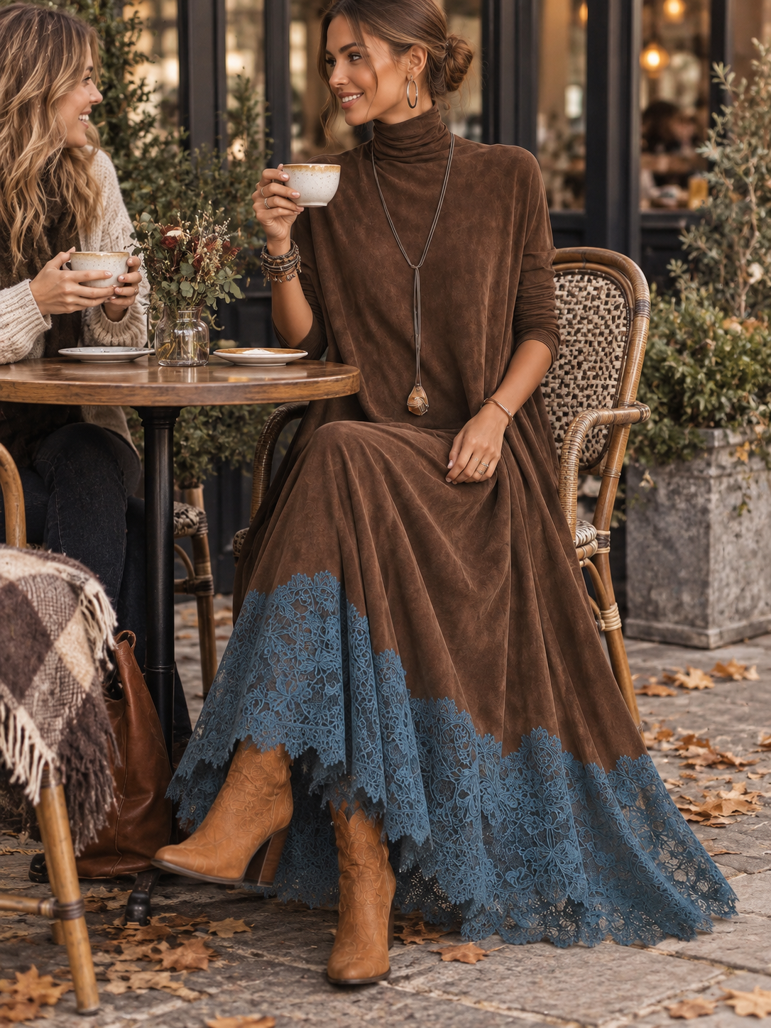 PIERA | Vestido Largo Efecto Gamuza con Holán de Encaje