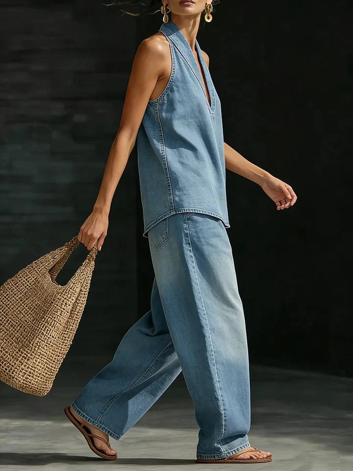 Celine | Conjunto de Top Halter y Jeans de Mezclilla