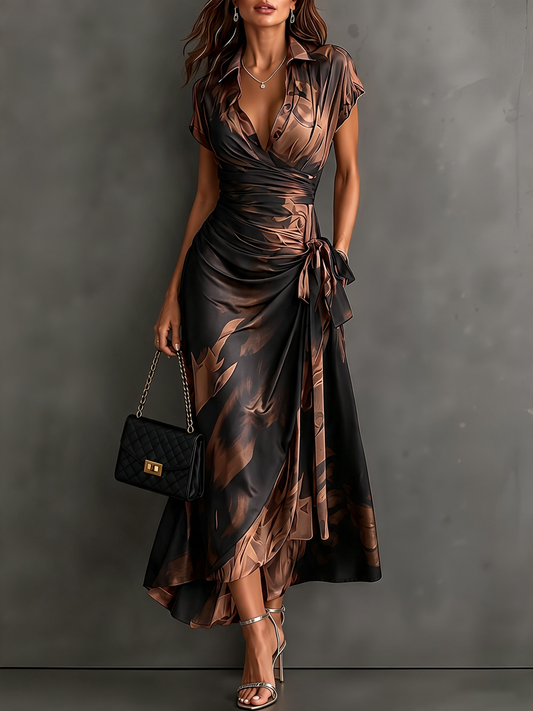 Vestido midi cruzado con estampado abstracto café y negro