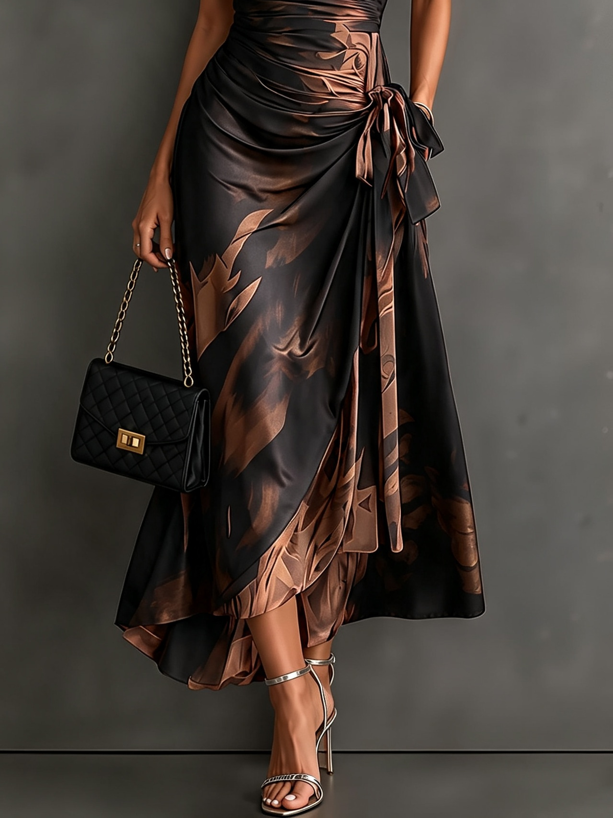 Vestido midi cruzado con estampado abstracto café y negro