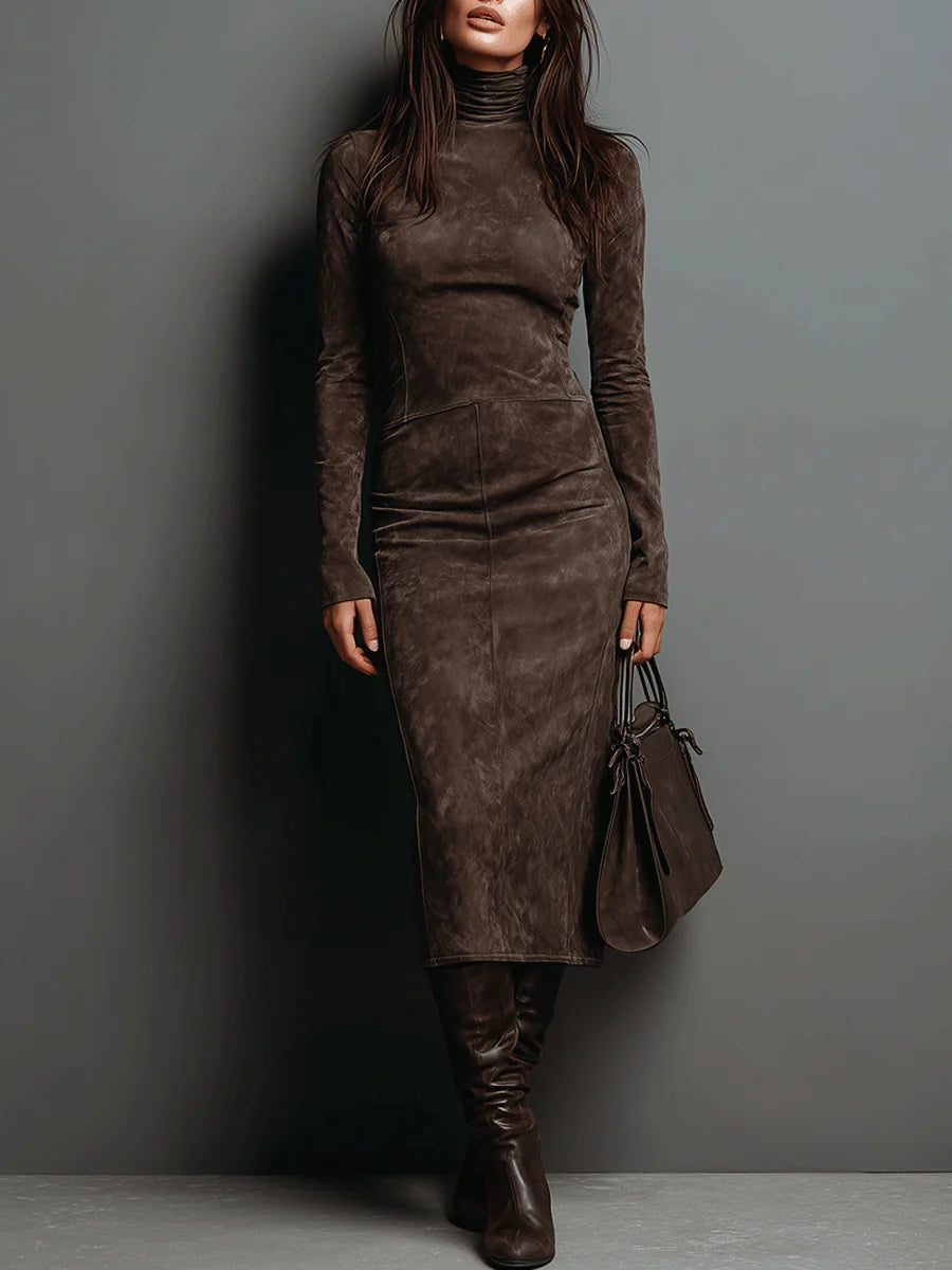 Lorène | Vestido midi café de efecto gamuza