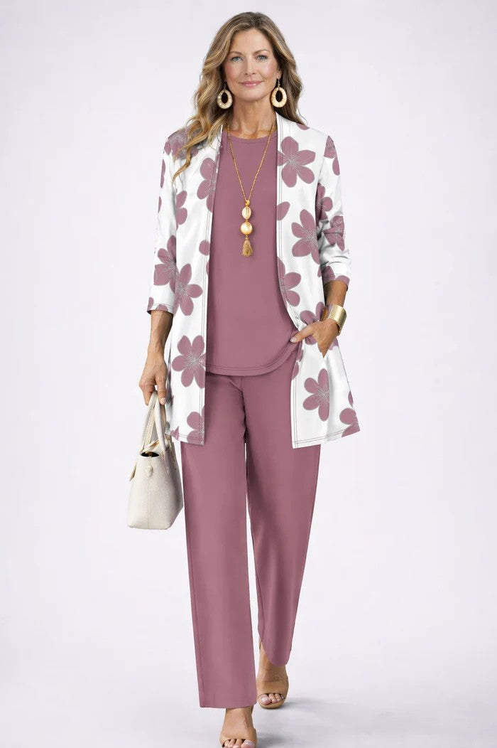 Costanza | Conjunto Verde de Tres Piezas con Cárdigan Largo y Pantalón Estampado