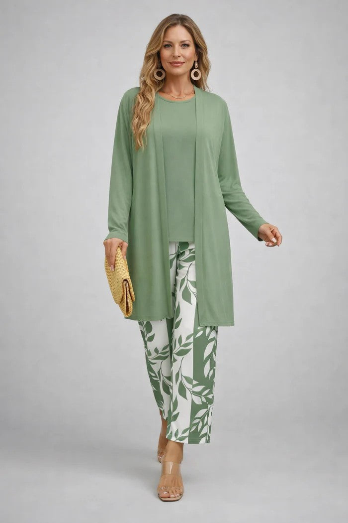 Costanza | Conjunto Verde de Tres Piezas con Cárdigan Largo y Pantalón Estampado