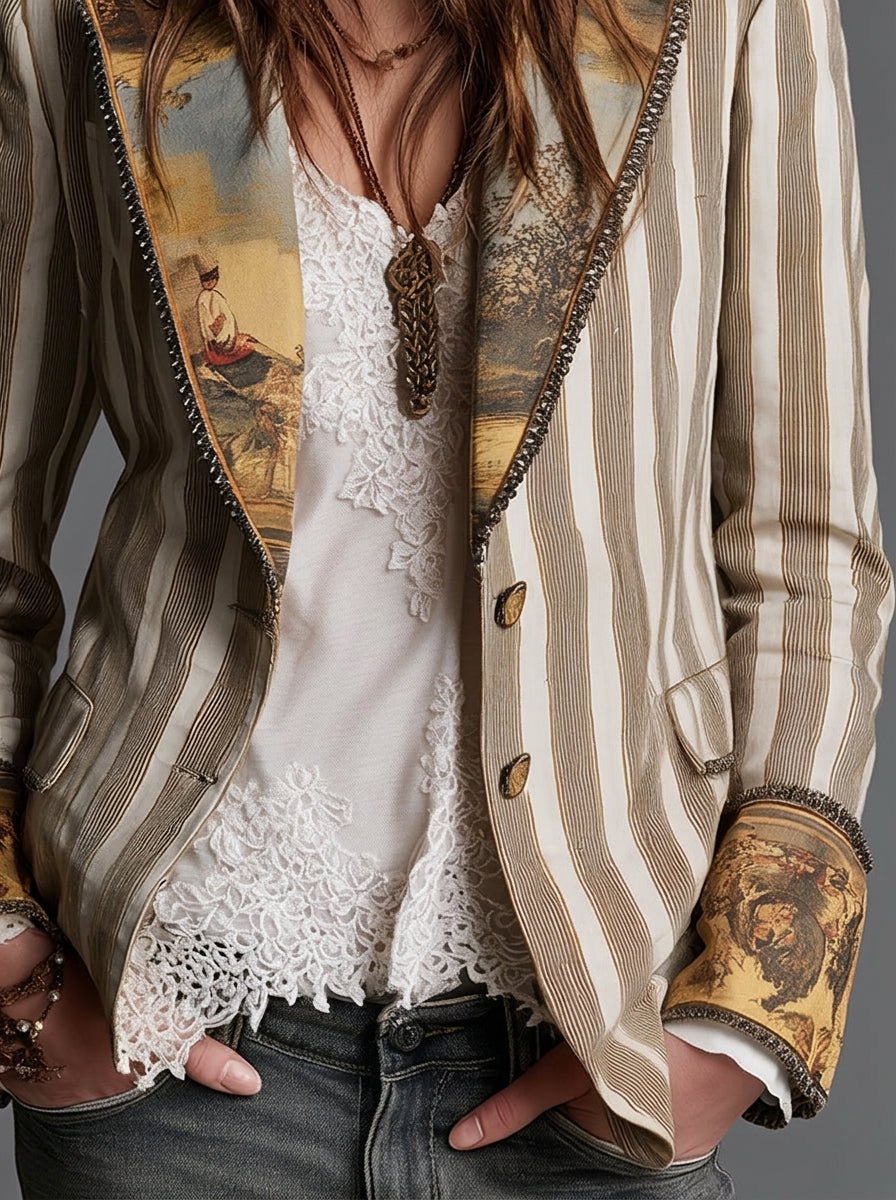 Sara - Blazer Bohemio a Rayas con Solapa Estampada