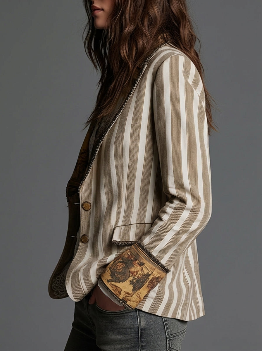 Sara - Blazer Bohemio a Rayas con Solapa Estampada
