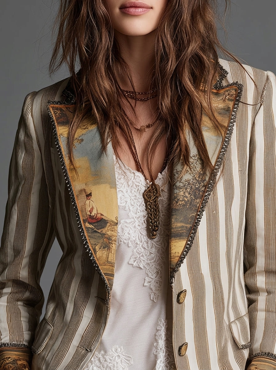 Sara - Blazer Bohemio a Rayas con Solapa Estampada