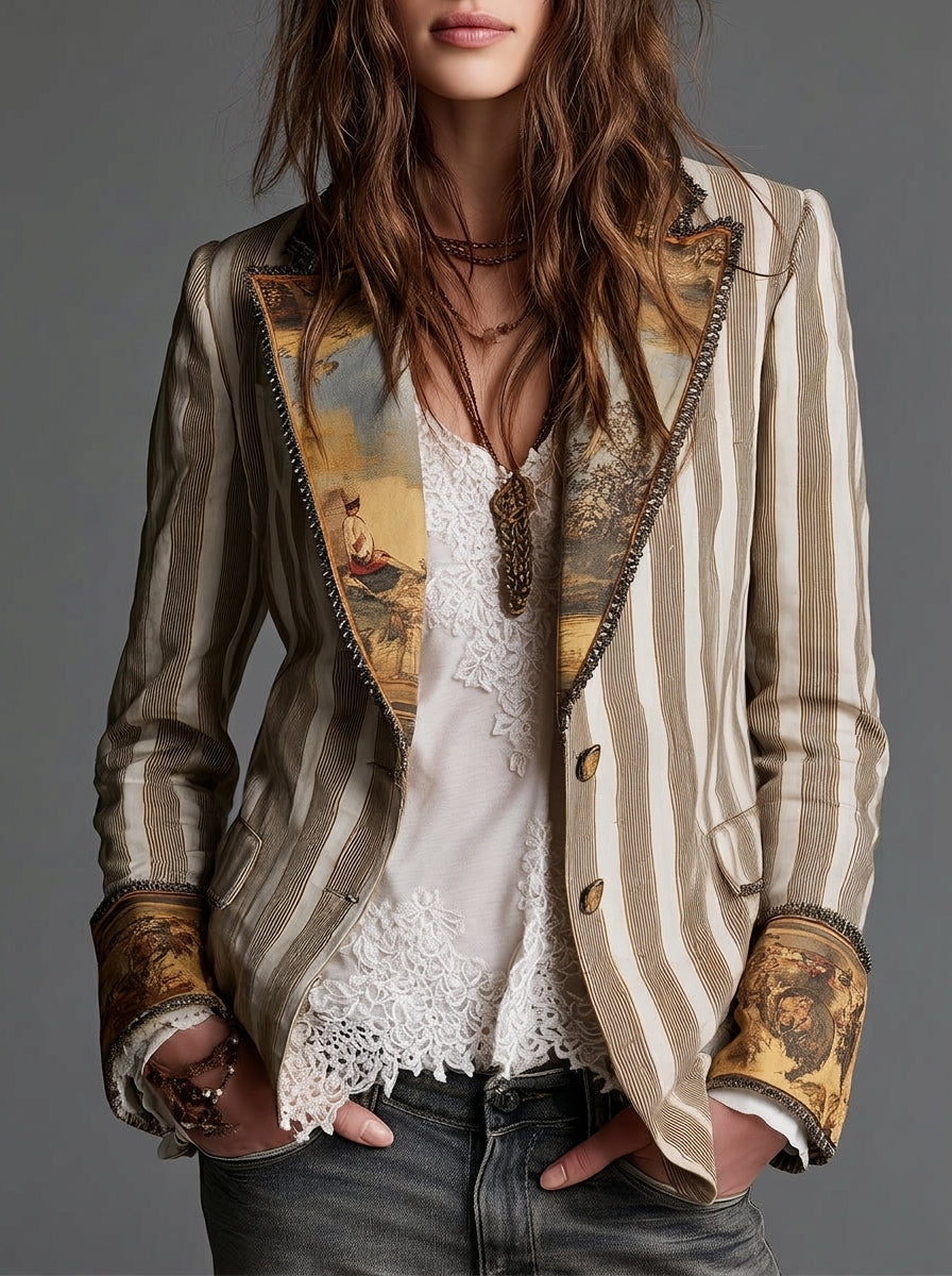 Sara - Blazer Bohemio a Rayas con Solapa Estampada