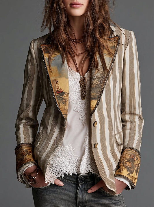 Sara - Blazer Bohemio a Rayas con Solapa Estampada