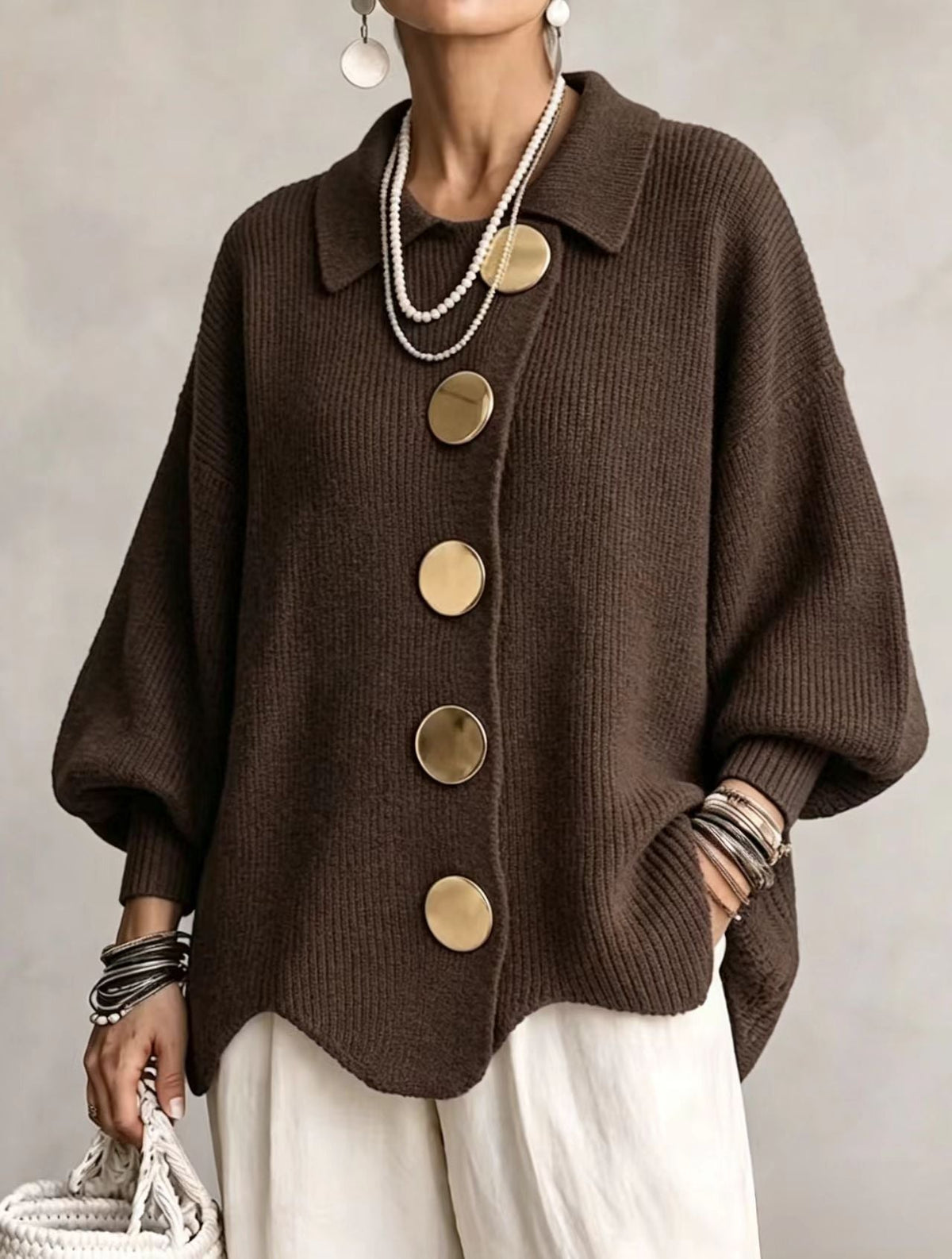 Isadora | Cardigan Oversize con Cuello y Botones Metálicos