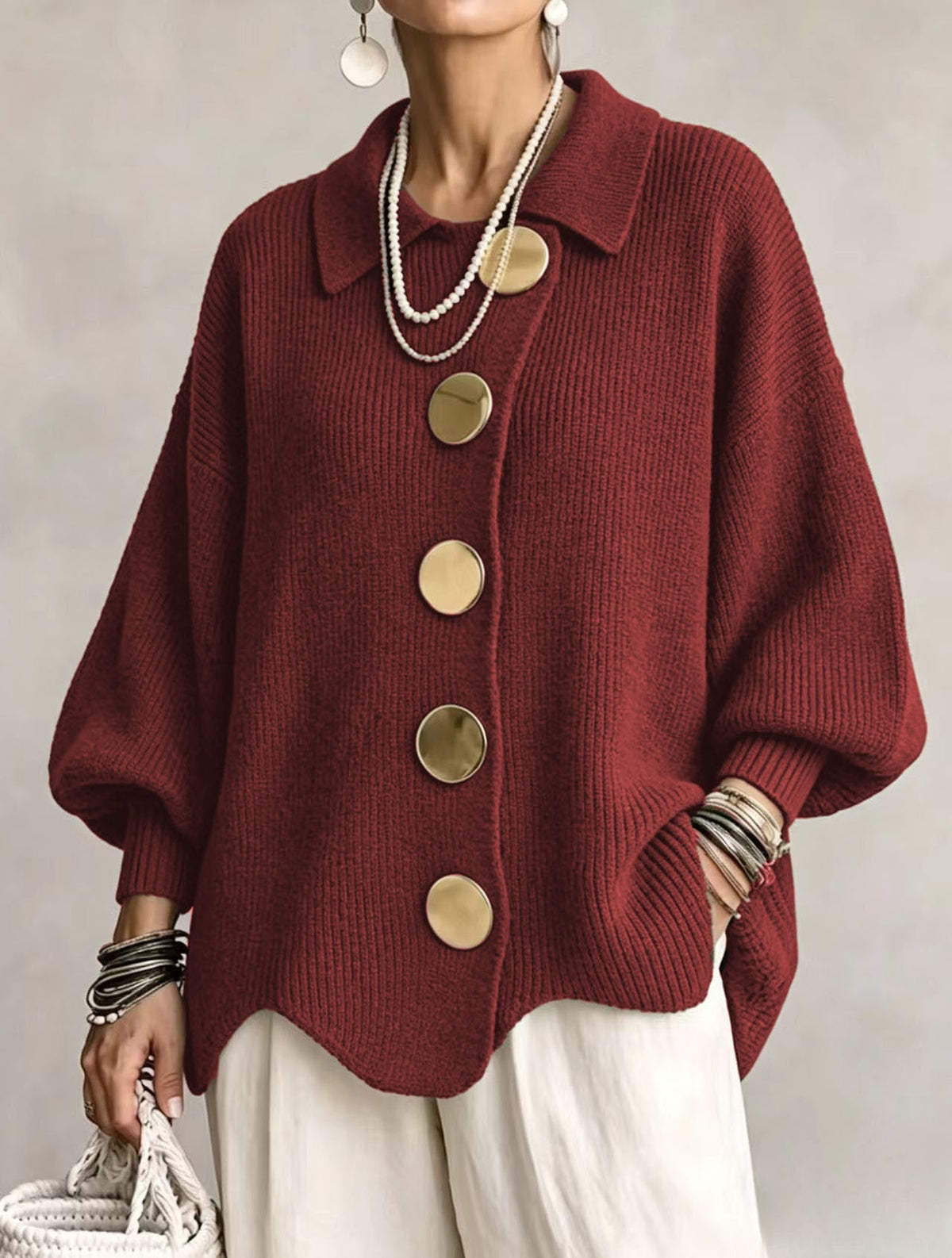 Isadora | Cardigan Oversize con Cuello y Botones Metálicos