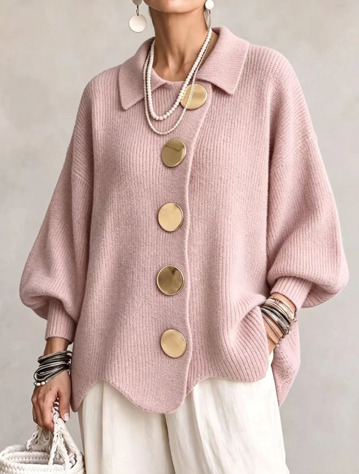 Isadora | Cardigan Oversize con Cuello y Botones Metálicos