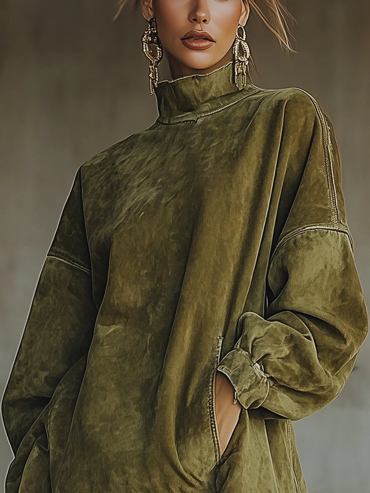 Gabrielle | Vestido de efecto gamuza con cuello alto y flecos