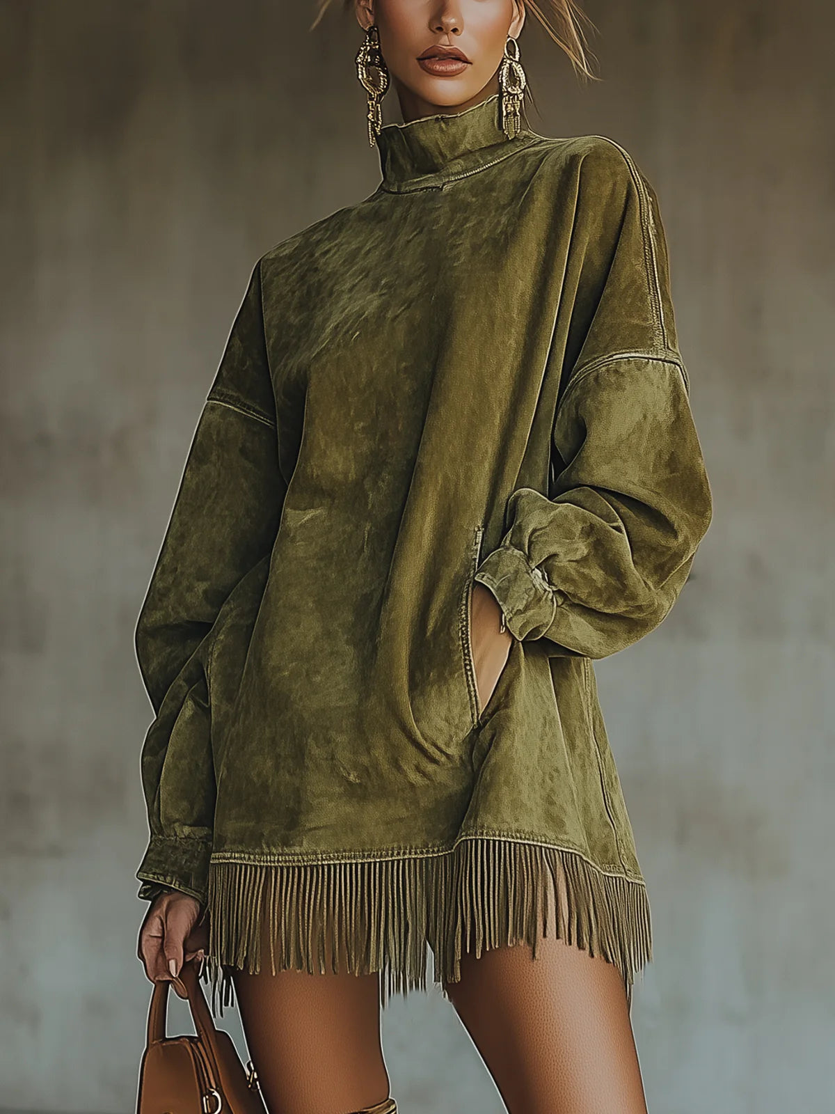 Gabrielle | Vestido de efecto gamuza con cuello alto y flecos