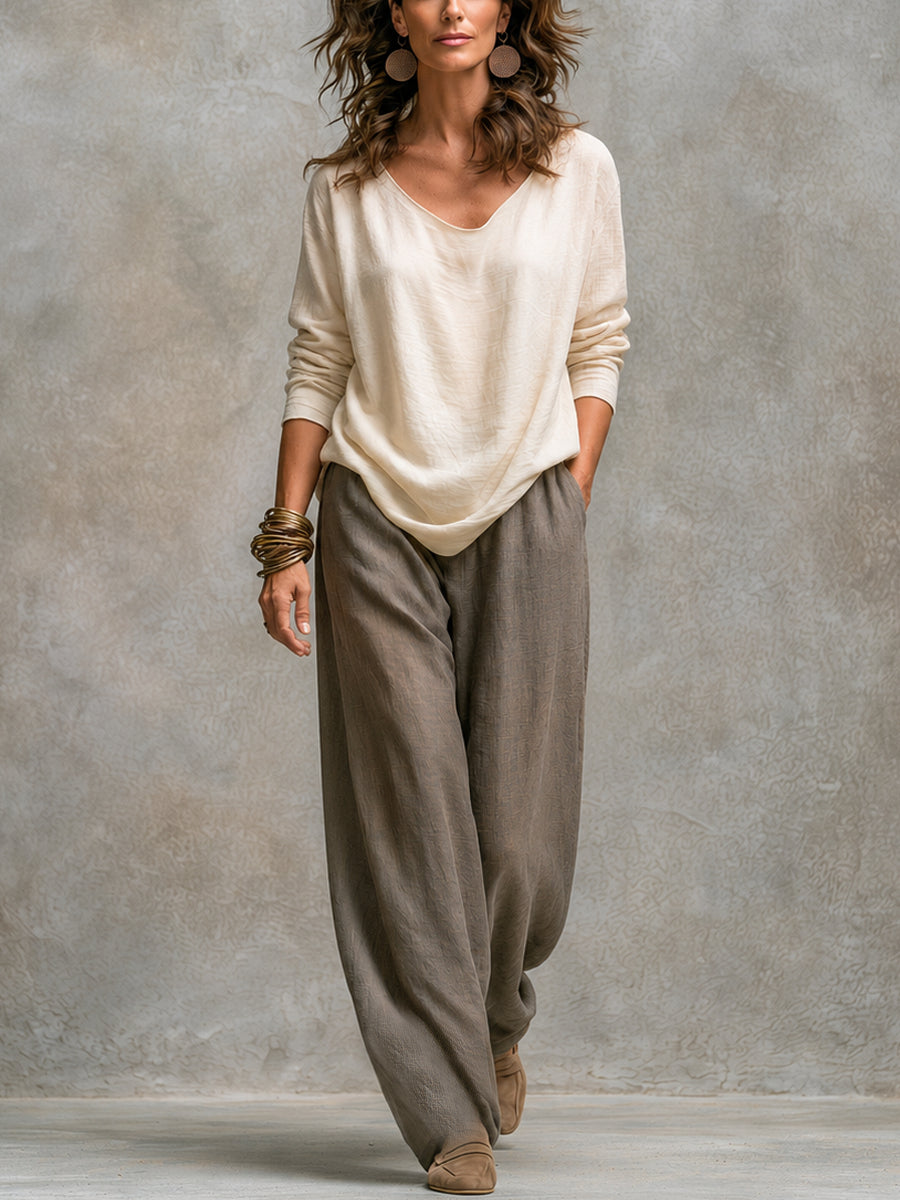 Donatella | Conjunto de Tres Piezas Beige Gris con Cárdigan Largo y Pantalón Amplio