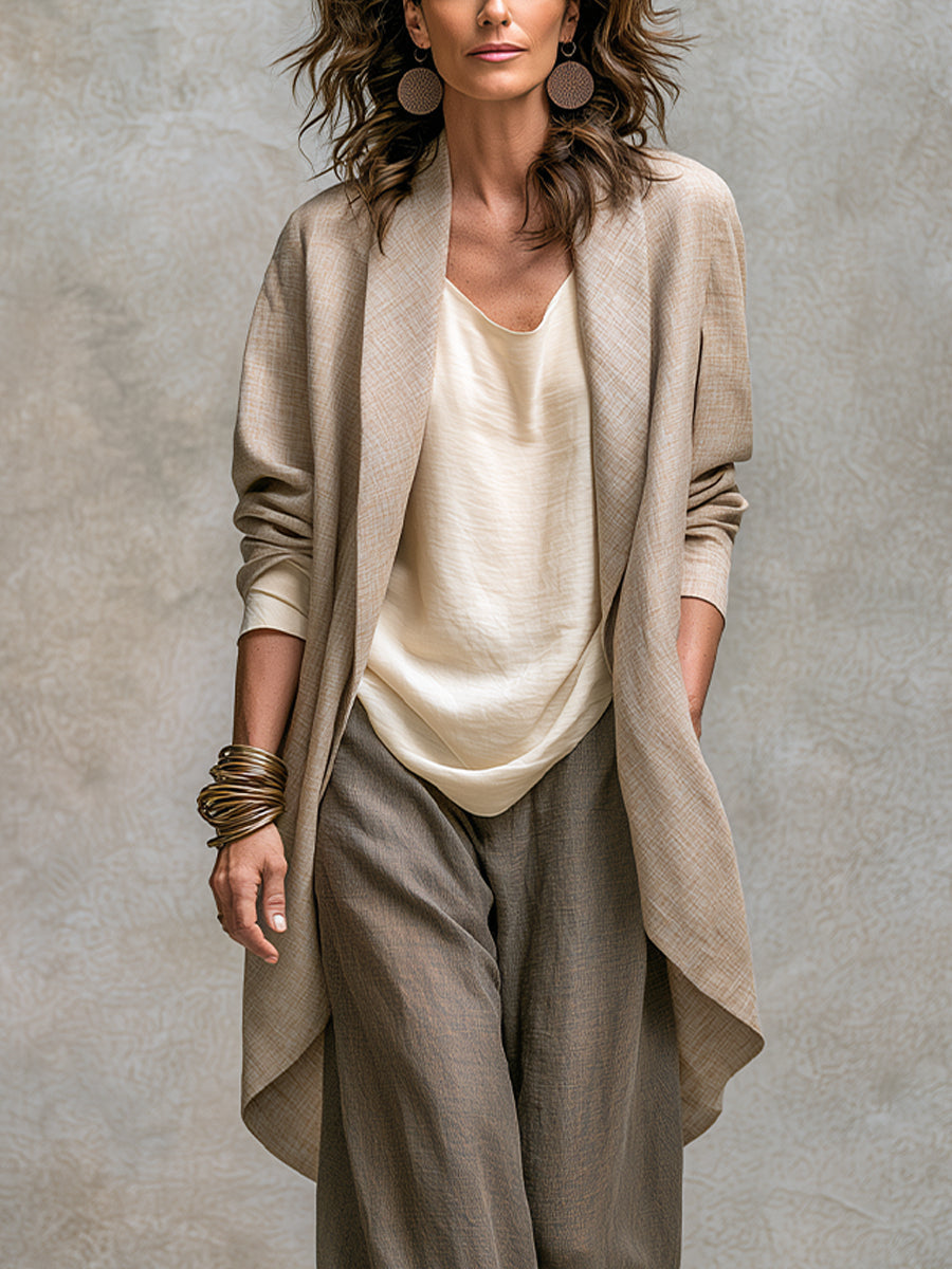 Donatella | Conjunto de Tres Piezas Beige Gris con Cárdigan Largo y Pantalón Amplio
