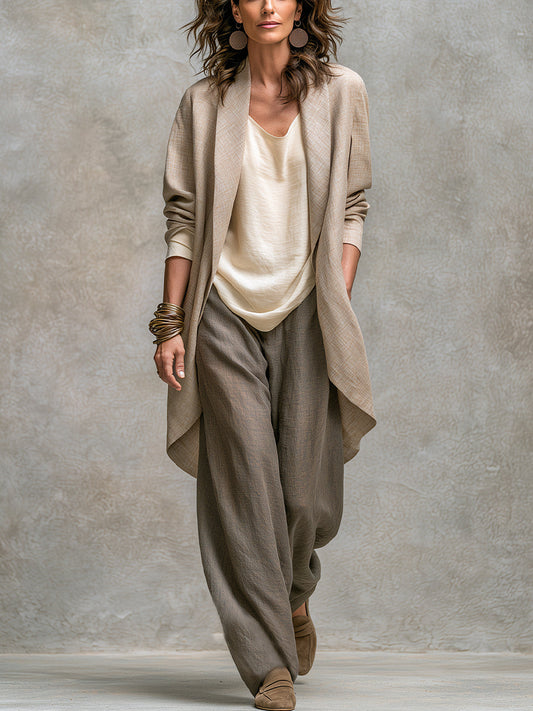 Donatella | Conjunto de Tres Piezas Beige Gris con Cárdigan Largo y Pantalón Amplio